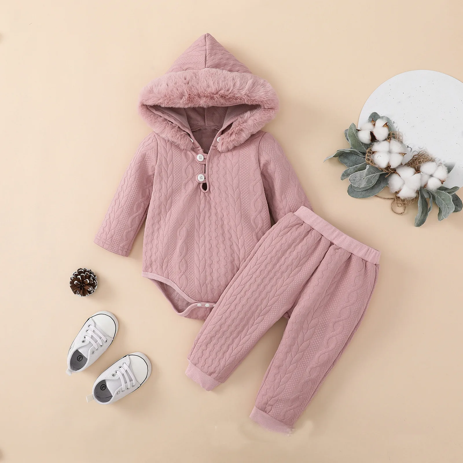 0-18M Newborn Baby Girls Clothes Set Infant Long Sleeve Hooded Rompers Elastic Band Pants Autumn Winter Outfits Toddler Clothing