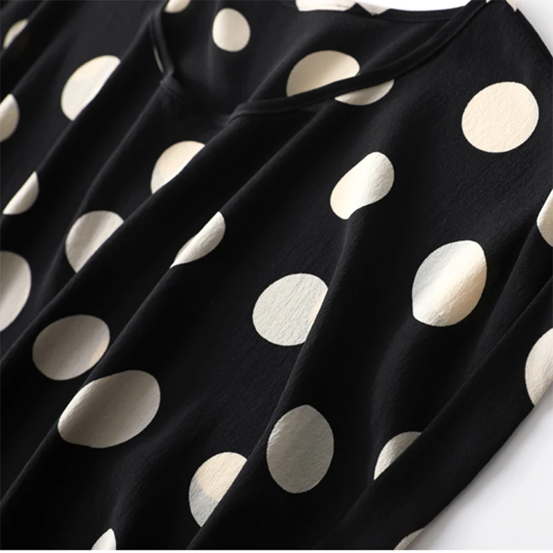 Women Silk T-shirt 100% Mulberry Crepe Silk Short Sleeve Top Shirt Blouse Black Dots Plus Size Office Lady M L XL MM142