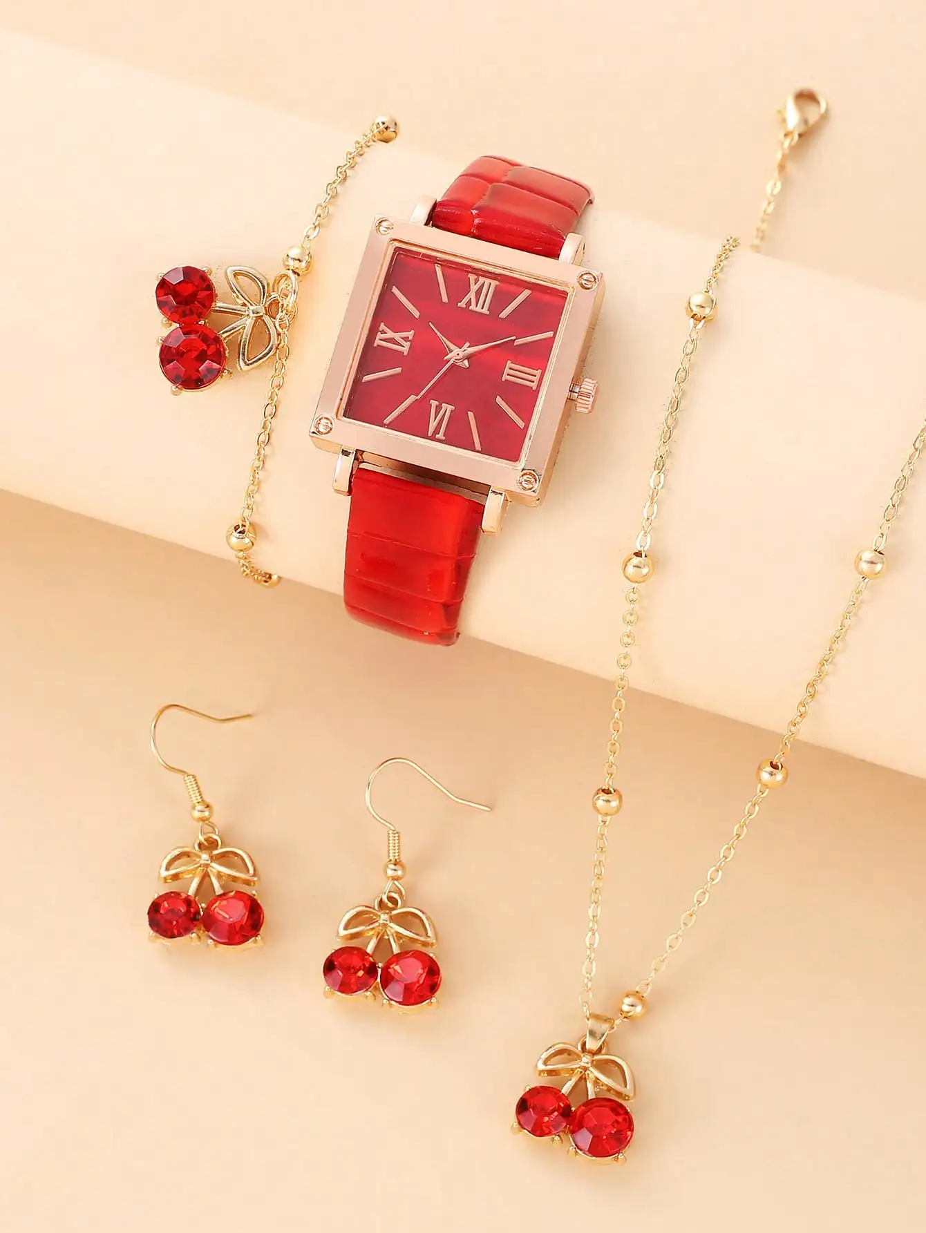 

Women's Square Red Watch Simple Belt Pulley Quartz Watch Set