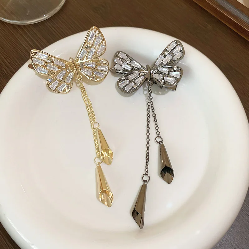 Light Luxury Shine Zircon Bow Wind Chime Fringed Hairpin Hair Pin for Women Fashionable Hair Accessories