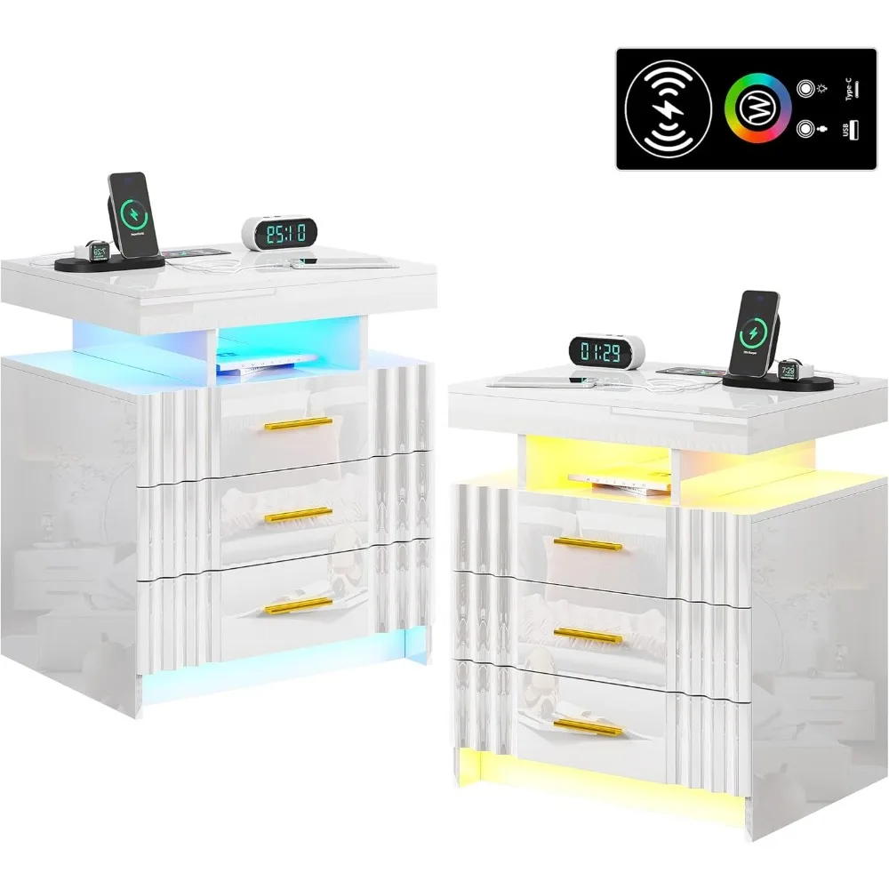 

LED Nightstand Set of 2,White Night Stand with Charging Station-USB+Type-C+Wireless Charging,Smart Bedside Table has Auto