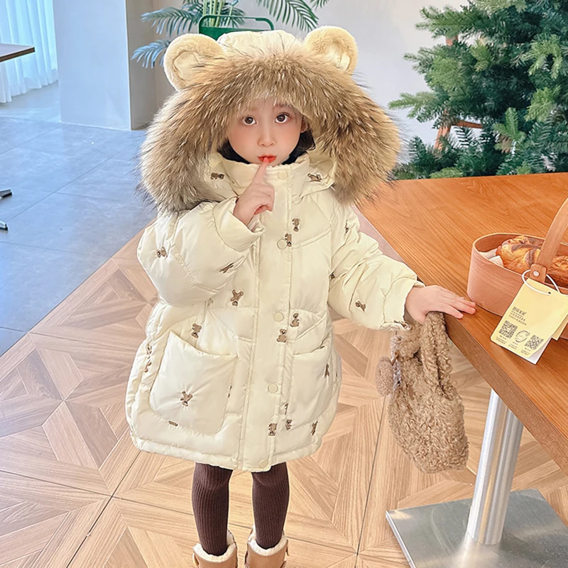 3 4 5 6 8 10 Years Winter Girls Down Jacket Fur Collar Fashion Parka Coat Hooded Zipper Outerwear Birthday Gift New Kids Clothes