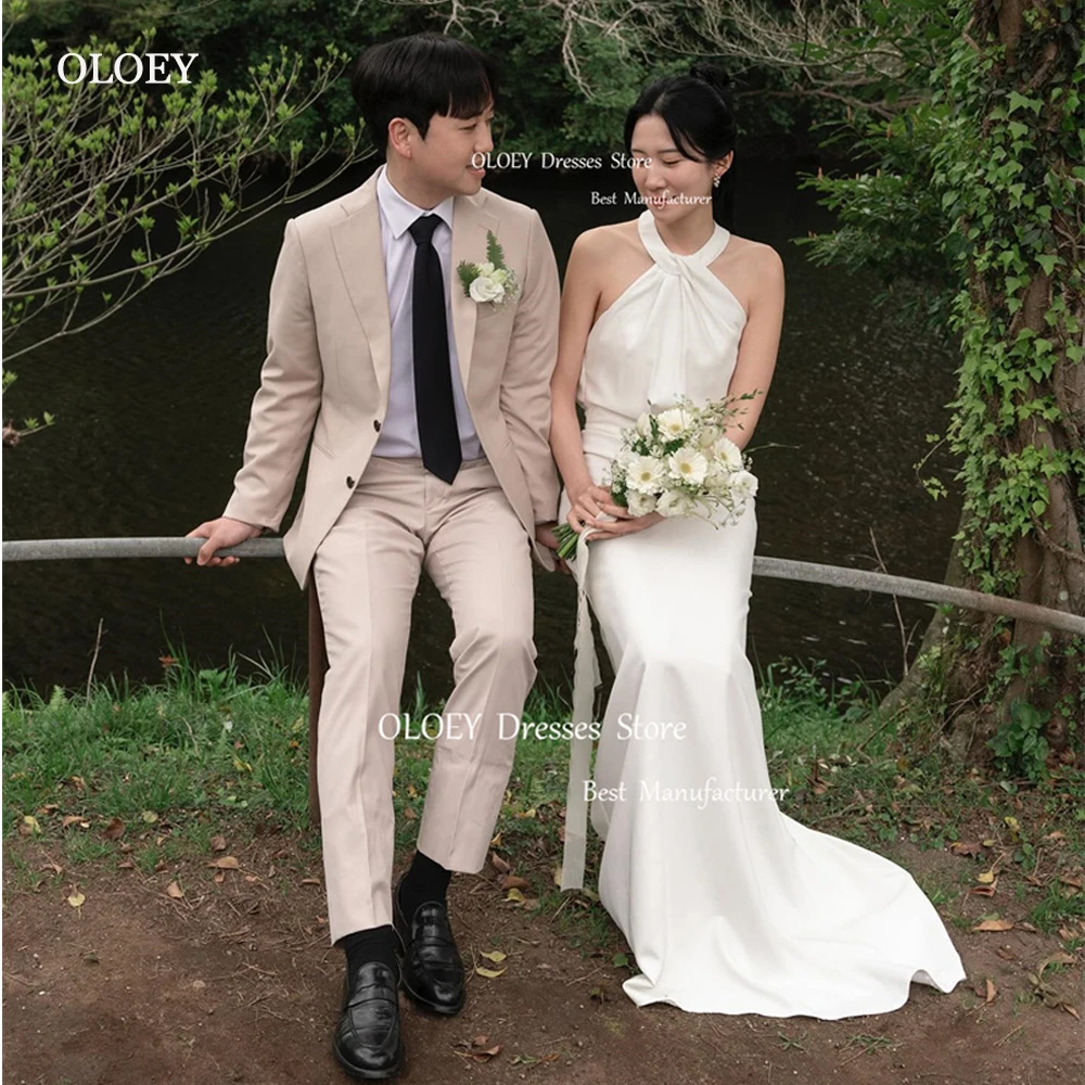 

OLOEY Simple Mermaid Korea Wedding Dresses Photoshoot Halter Stretch Satin Floor Length Bridal Dress Formal Party Dress