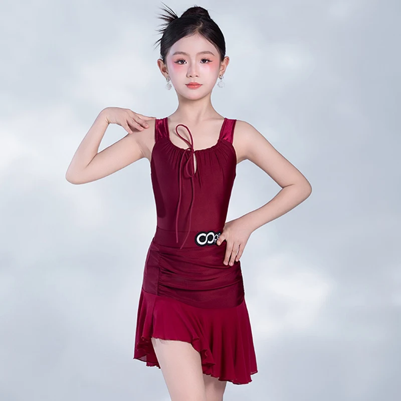 

New Summer Kids Latin Dance Dress Red Sleeveless Suit Girls Rumba Samba Dance Training Clothes Latin Performance Clothes BL15725