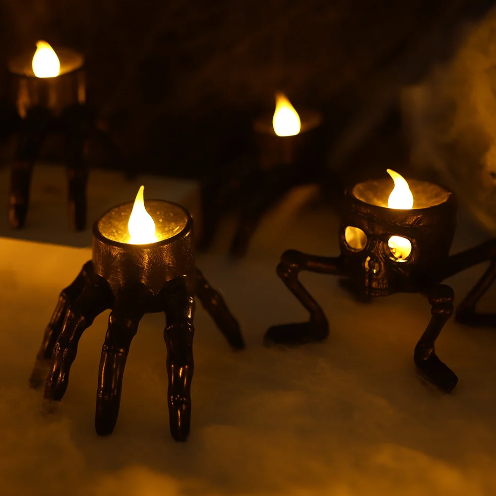 

12Pcs Halloween Skull Palm Tea Lights Novelty LED Flameless Candle Holder Lights Battery Halloween Party Table Home Spooky Decor