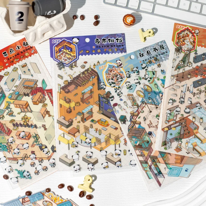 Mr. Paper, Chinese Style Panda Themed 3D House Landscaping Sticker Pack, Creative DIY Collage Scrapbook, Handmade Diary Stickers