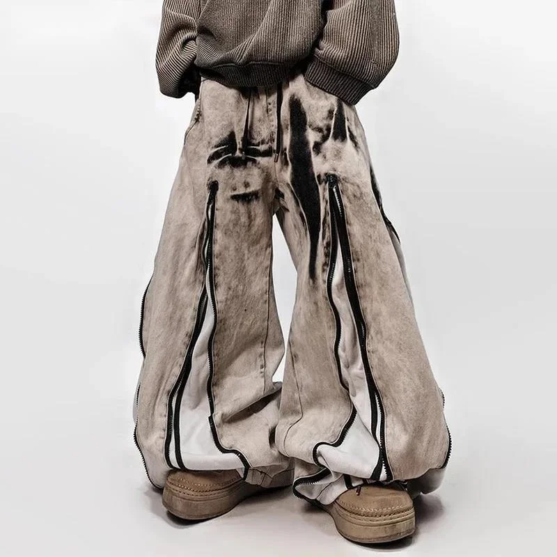 American Style Loose Vintage Casual Men Jeans Tie Dye Wide Leg Floor-Length Pants Baggy Streetwear 2026 Spring New FR456