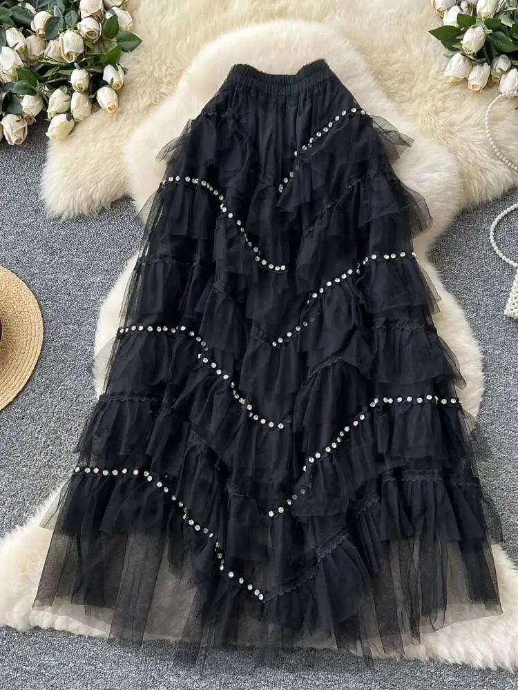 

Женская французская черная юбка с кружевной вставкой из бисера, асимметричная шифоновая юбка-миди, женские весенне-осенние пышные юбки