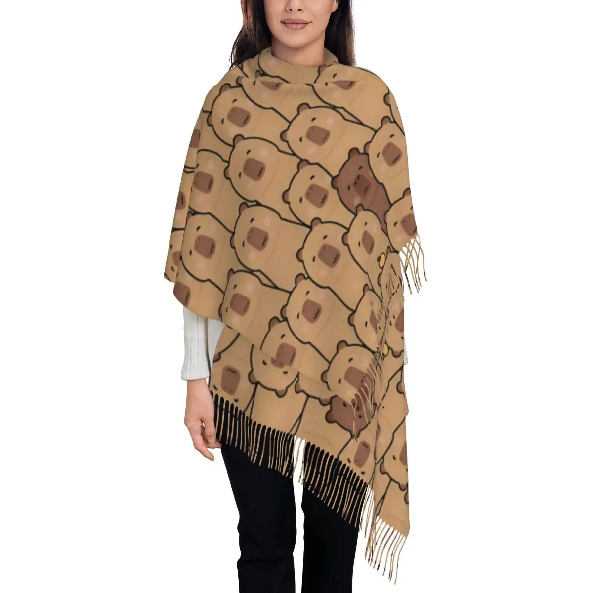 

Шарф с рисунком капибары для женщин, длинные зимне-осенние теплые шаль с кисточками, шарфы унисекс