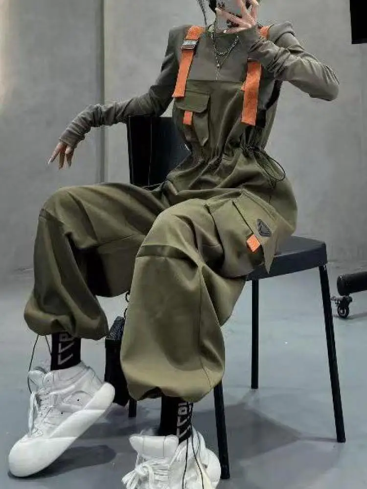 ผู้หญิงสีดํา Patchwork Casual หลวม Workwear Jumpsuit ฤดูร้อนสีเขียวเอวสูงสายรัดยาวกางเกงแนวโน้มแฟชั่น Streetwear