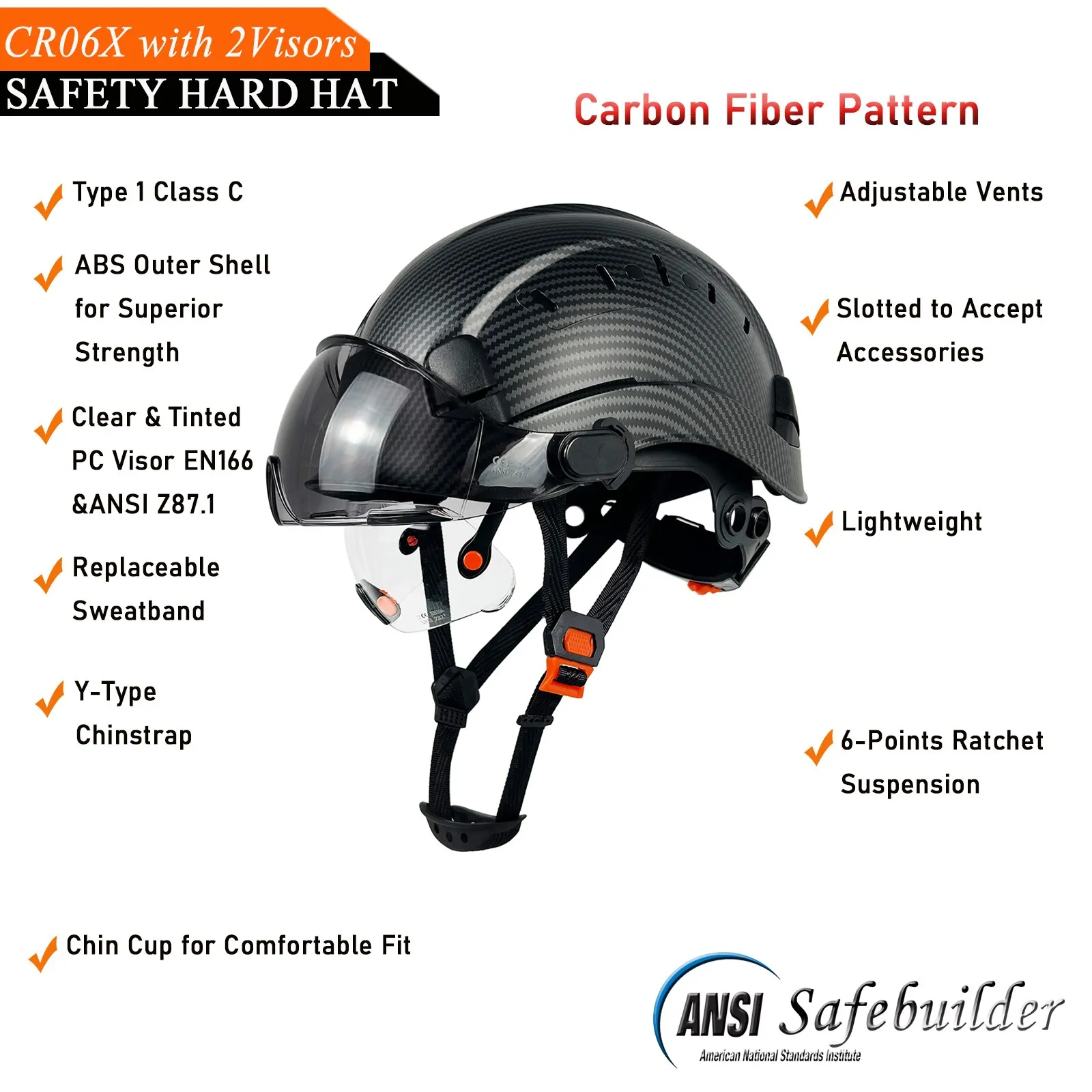 Carbon Fiber Pattern Capacete de segurança com viseira, viseira clara e matizada, Capacete de trabalho ABS ventilado ajustável, suspensão de 6 pontos, ANSI