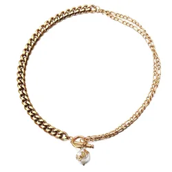 MinaMaMa New Stainless steel OT Toggle Clasp Thick Link Chain Baroque Pearl Pendant Necklaces For Women Choker Collar Jewelry