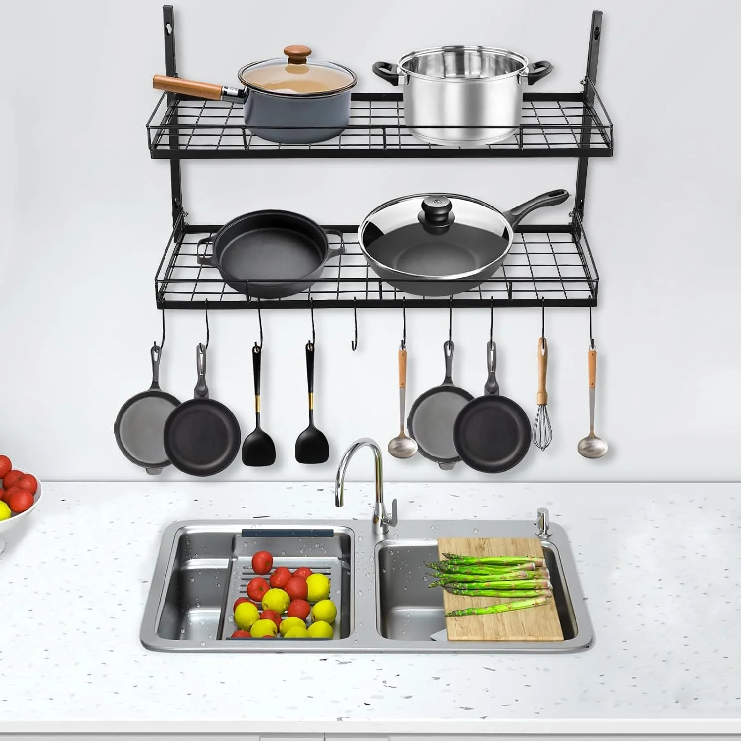 رف أوعية معلق بطبقتين، رف أوعية مثبت على الحائط مع 10 خطافات، رف تخزين المطبخ، رف معلق مثبت لتخزين المطبخ أ