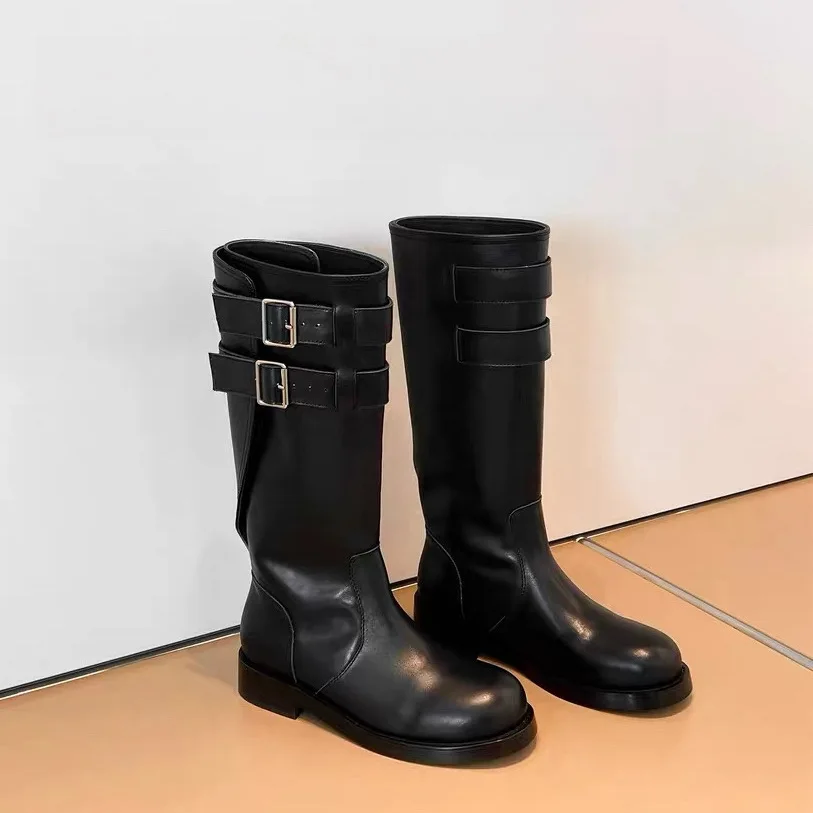 ZR DIARY Tube Boots Women PU Leather Round Toe Knight Boots Double Buckles Decoration Autumn Ladies Mid Calf Shoes J-129
