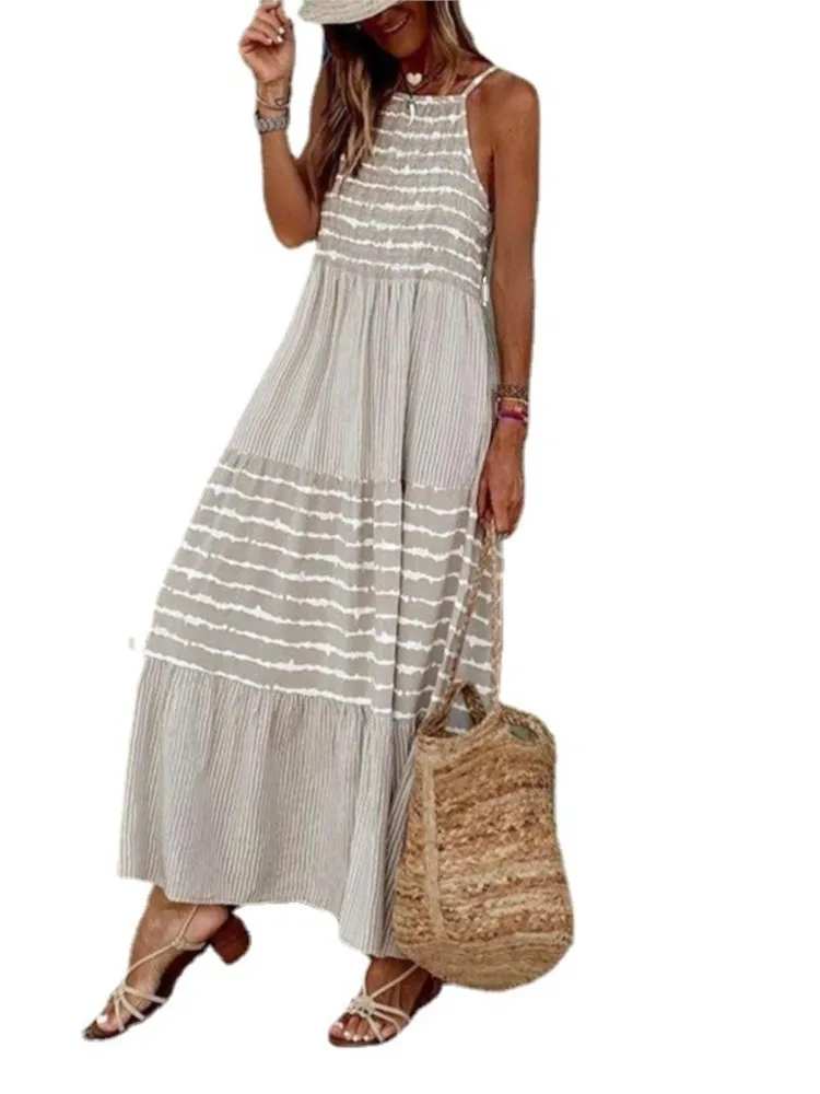 

Summer Fashion Long Dress Women Boho Round Neck Sling Dresses Striped Sleeveless Loose Streetwear Print Loose Casual Vestidos