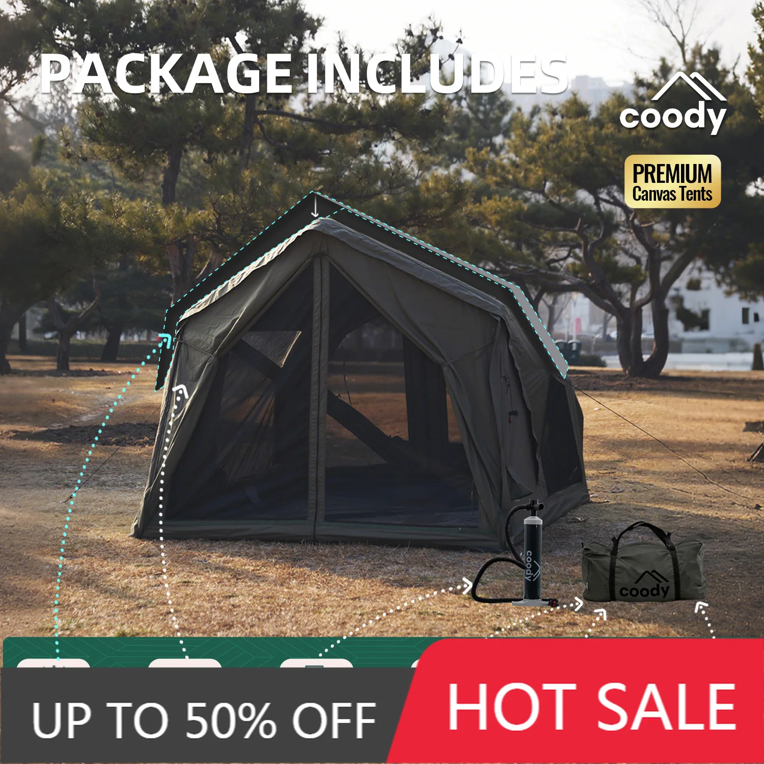 Coody Yustona Army Green Cotton Canvas Air Tent 4 Season Inflatable Shelter For 2-4 People Camping