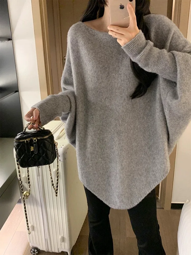 Women 100% Wool Sweater Casual Pullovers Autumn Winter Basics Knitted Loose One character collar Batwing Sleeve Female Clothing