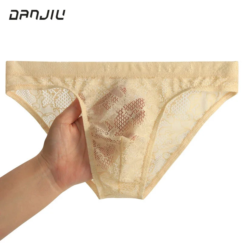 

Summer Ice Silk Sexy Lace Man Transparent Low Waist Underwear Seamless BreathableTight Thin Fashion Yong Male U Convex Breifs