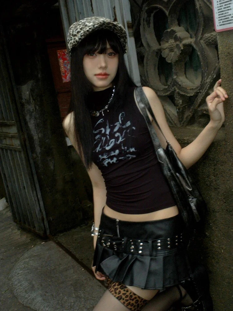 Tonngirls Y2k Vintage Tank Topsผู้หญิงแขนกุดพิมพ์กราฟิกเสื้อStreetwear 2000Sญี่ปุ่นสีดําGrunge Tops E-สาวฤดูร้อน