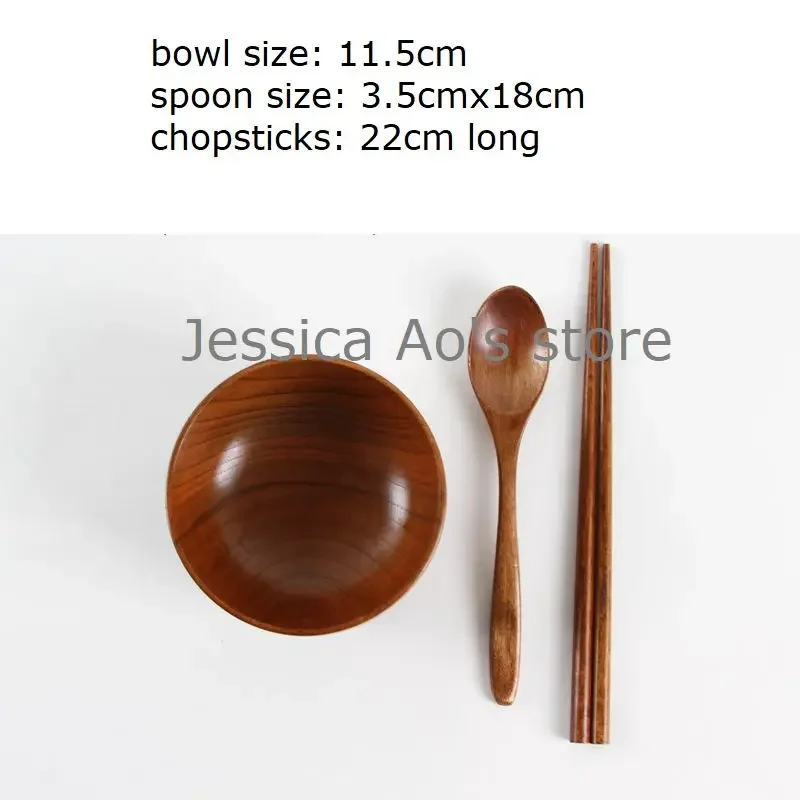 Stoviglie in legno giapponesi Ciotola in legno + tazza + cucchiaio + bacchette Set di stoviglie complete da cucina Ciotola di riso in legno Ciotola da zuppa grande
