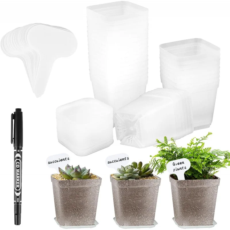 

【30-Count Seedling Starter Kit】Square Plastic Pots with Drip Trays, Plant Labels & Marker - Succulent & Herb Gardening Supplies