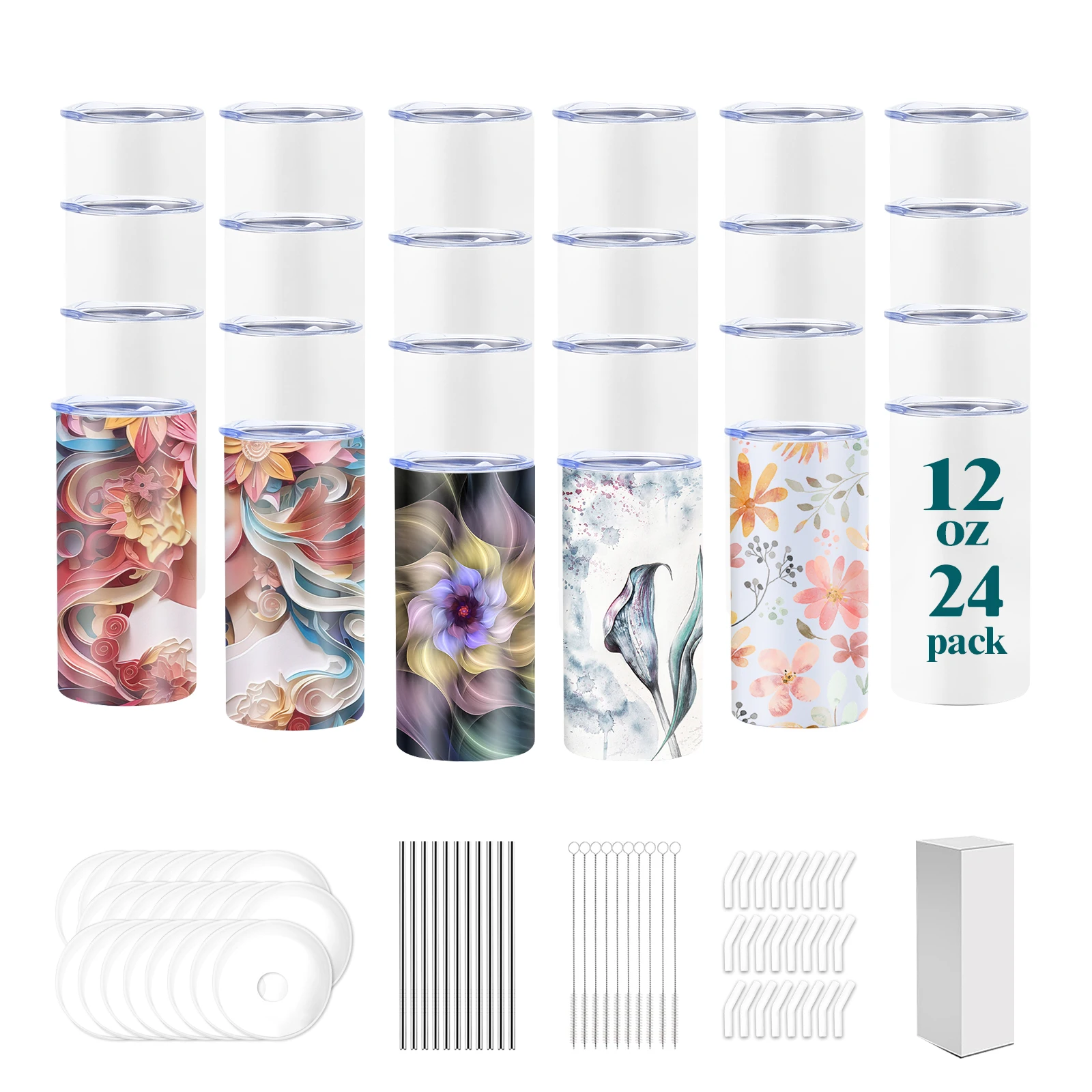 24Pcs 12OZ Sublimation Tumbler with Metal Straw,Straight Sublimation Blanks,Kids Tumbler,Vaccum Insulated Water Bottle，for Gift