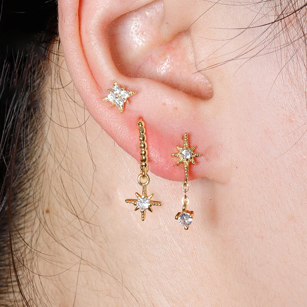 Juego de pendientes de estrella de Color dorado para mujer, aretes de aro de acero inoxidable con colgante de circón, joyería de boda de tendencia, 3 piezas