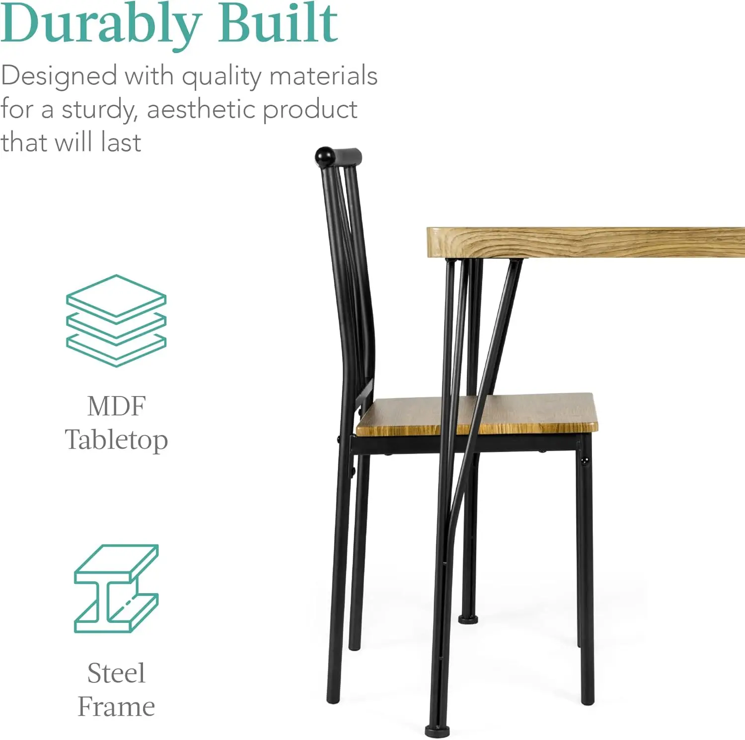 5-piece metal modern rectangular dining table furniture, suitable for kitchen and dining room with 4 chairs - brown image 4