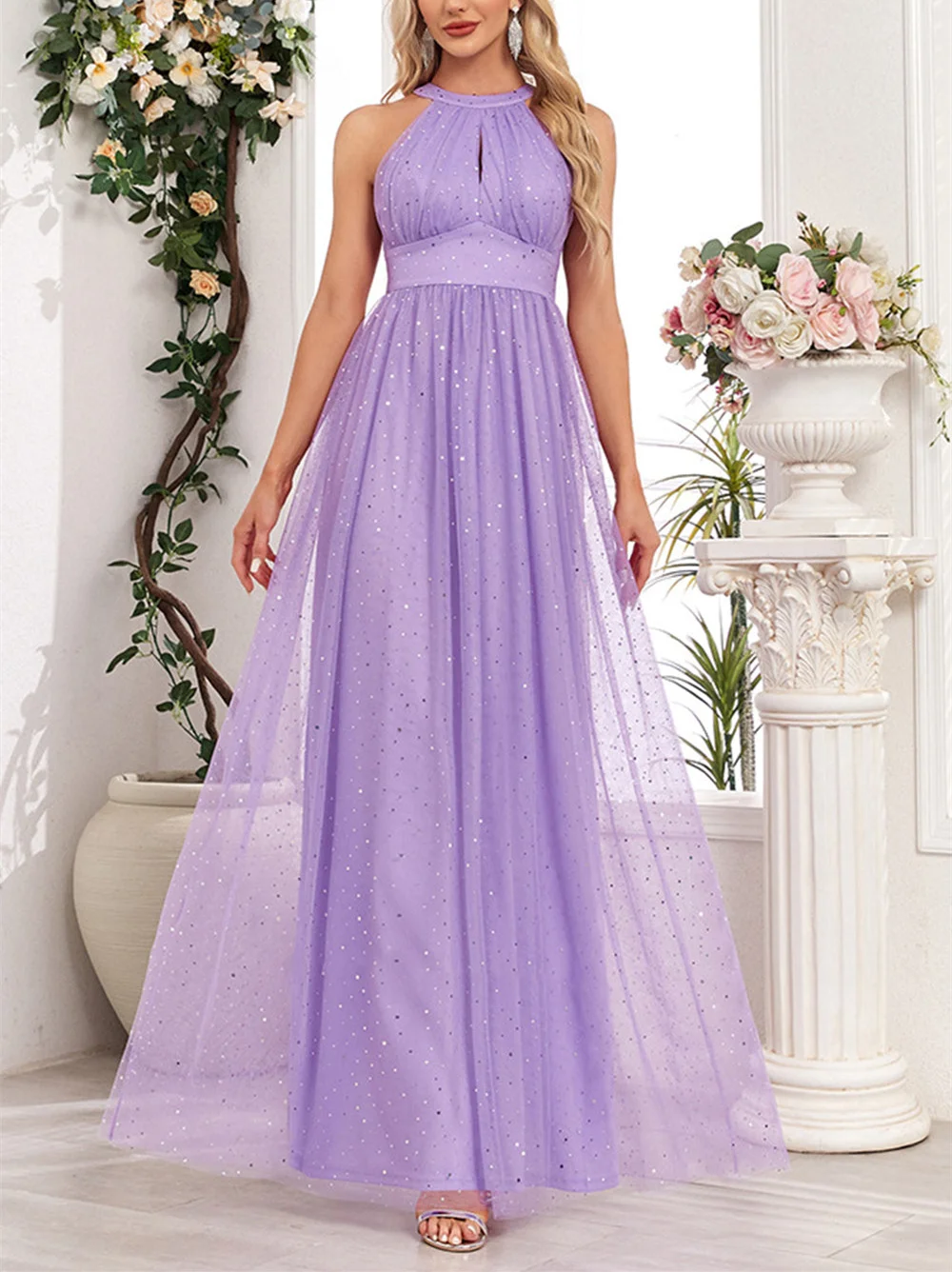 

Sparkly Purple A Line Halter Long Prom Dress Classic Floor-Length Pleat Ball Gowns Evening Party Ball Gown فساتين حفلة موسيقية