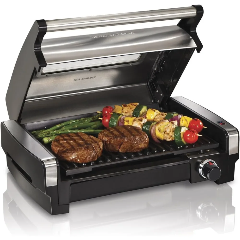 

Electric Indoor Searing Grill with Viewing Window & Adjustable Temperature Control to 450F, Removable Nonstick Grate, Stainless