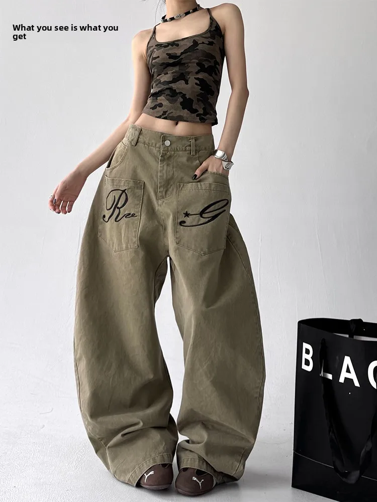 

Джинсовые брюки с вышитыми буквами в стиле ретро, женские летние широкие длинные брюки с высокой талией, модные хлопковые эластичные брюки...