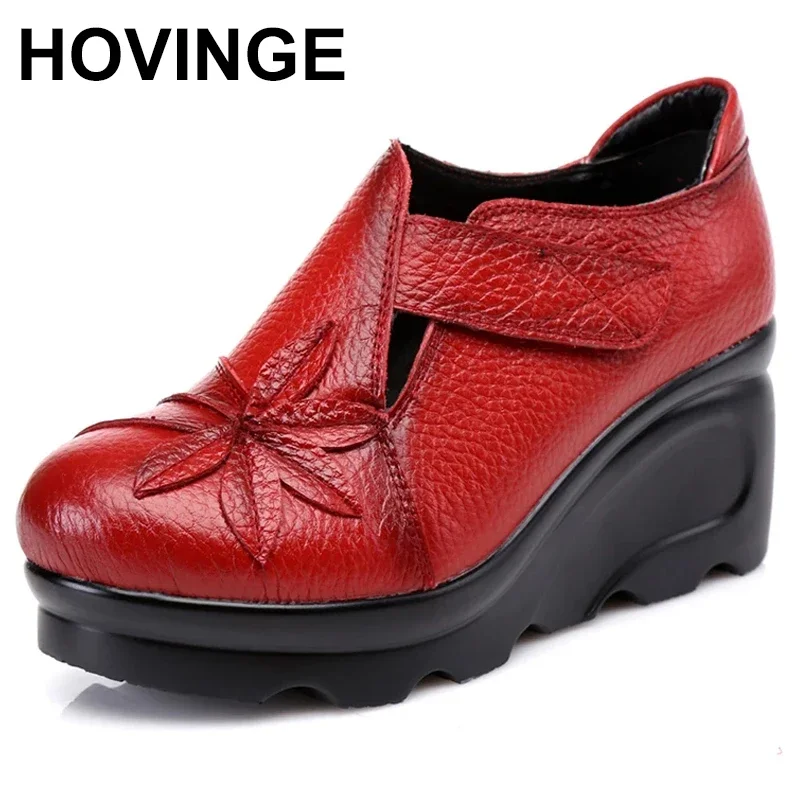 HOVINGEGenuine Leather Women\'s Retro Sandals  Summer High Heels Handmade Ladies Shoes Sandals Platform Woman Shoes Summer Sandal