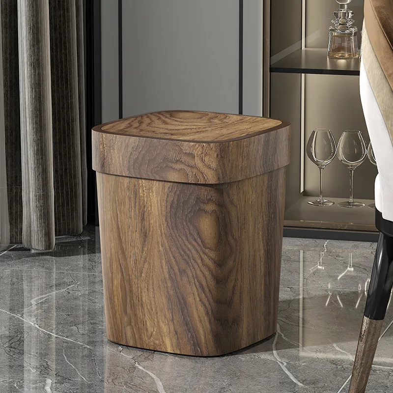 

New Chinese Style Wood Grain Trash Bin for Home Large Capacity Bathroom Bedroom Living Room Waste Paper Basket