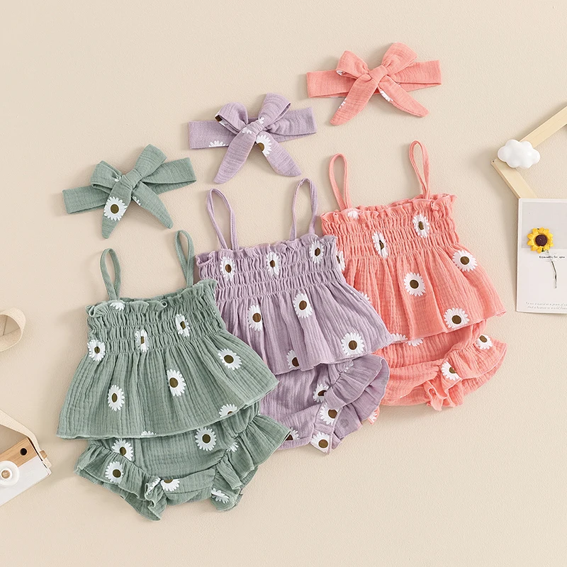 

2024-03-14 Lioraitiin Baby Girls Shorts Set Spaghetti Straps Pleated Flower Print Camisole with Shorts Hairband Summer Outfit