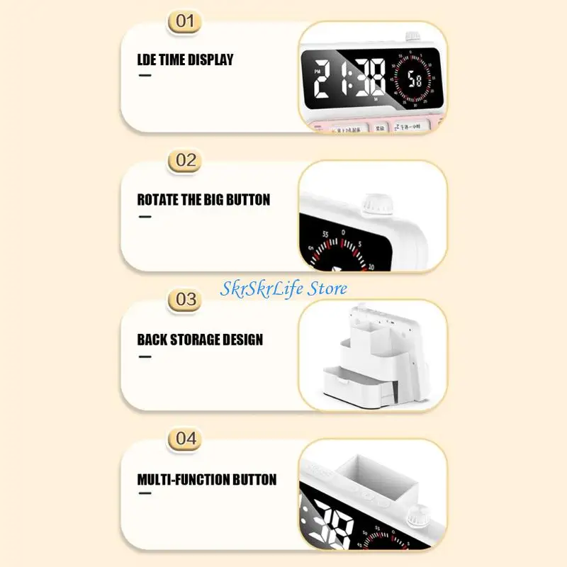 E65E Large Display Timer Alarm Clock Design with Night Light and Desk Storage Areas