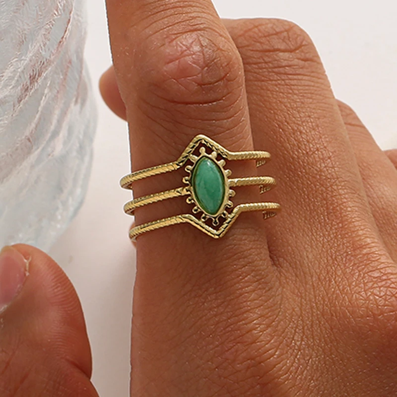

Aesthetic Stainless Steel Turquoise Finger Rings for Women Vintage Opal Blue Natural Stone Opening Rings Multi-Layer Hollow Ring