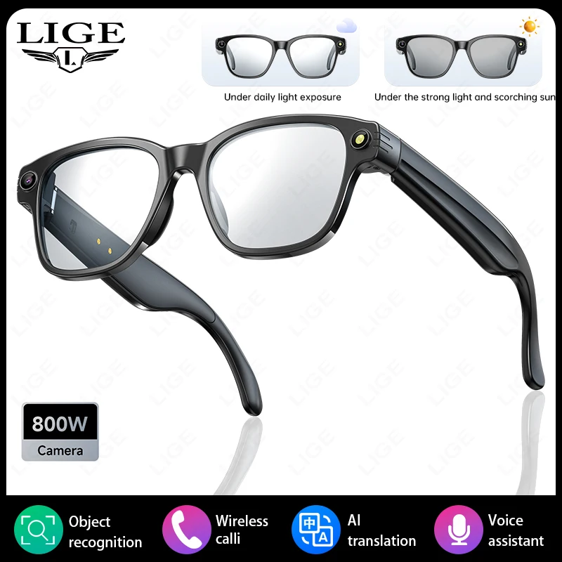 LIGE 800W HD Camera Smart Glasses Video Record BT Call 270mAh Battery Voice Control AI Translate Sunglasses Photochromic Lenses