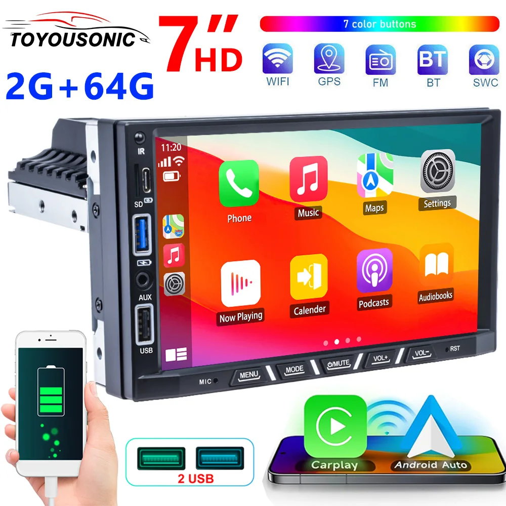 

TOYOUSONIC 7 inch HD Touch Screen Car Radio Multimedia Video MP5 Player Wireless Carplay Android Auto 1 Din Android Head Unit