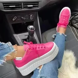 Women Light Weight Platform Sneakers Fashion PU Leather Round Head Sports Lace-Up Walking Vulcanize Shoes Height Increasing