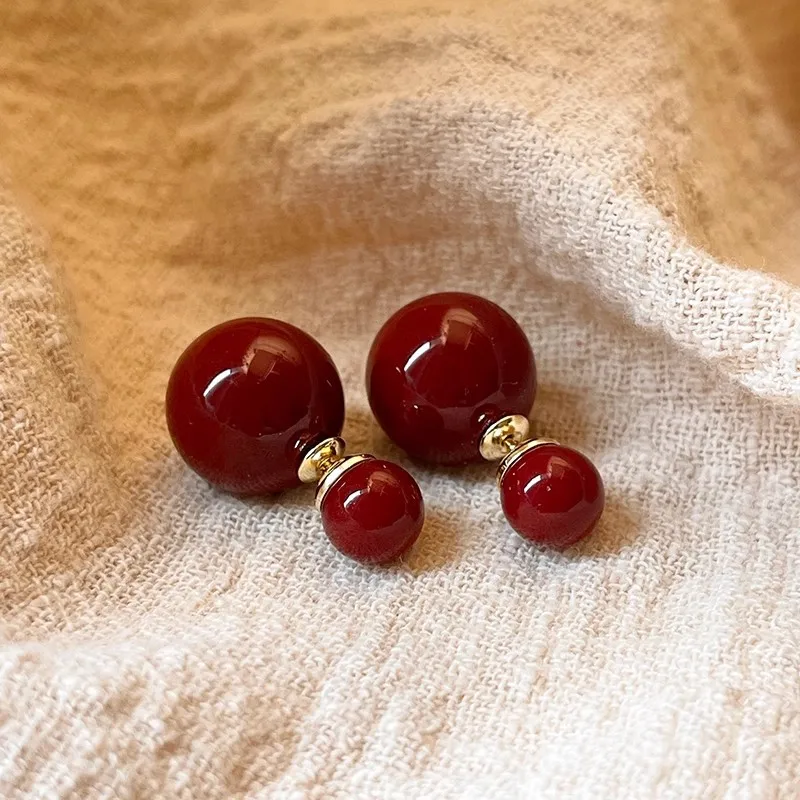 Vintage Fashion Double-sided Simulation Pearl Stud Earrings for Women Lucky Red Color Temperament Charm New Year Party Jewelry