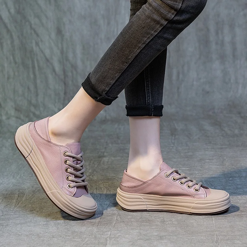 DRKANOL Genuine Leather Casual Sneakers Women Thick Bottom Lace-Up Chunky Platform Shoes Mixed Colors Comfort Board Shoes H23636