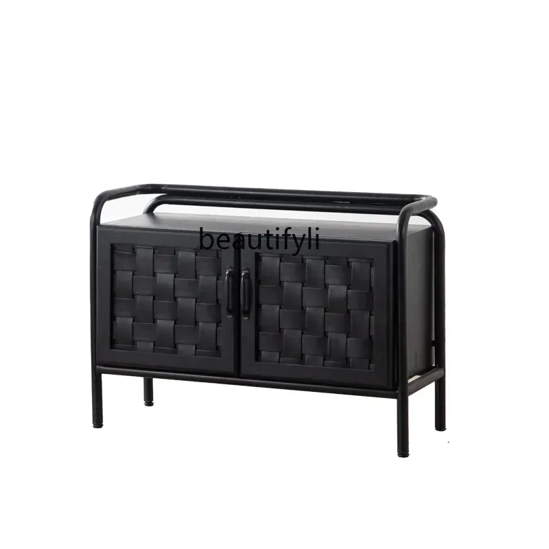 

Modern Minimalist Black Door Entrance Cabinet Solid Wood Creative Woven Showcase Kitchen Sundries Cupboard Storage