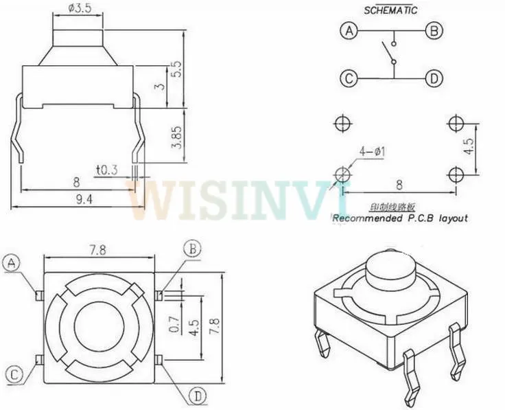 100PCS 8*8*5.5MM 4PIN G77 Conductive Silicone Soundless Tactile Tact Push Button Micro Switch Self-reset 5.0