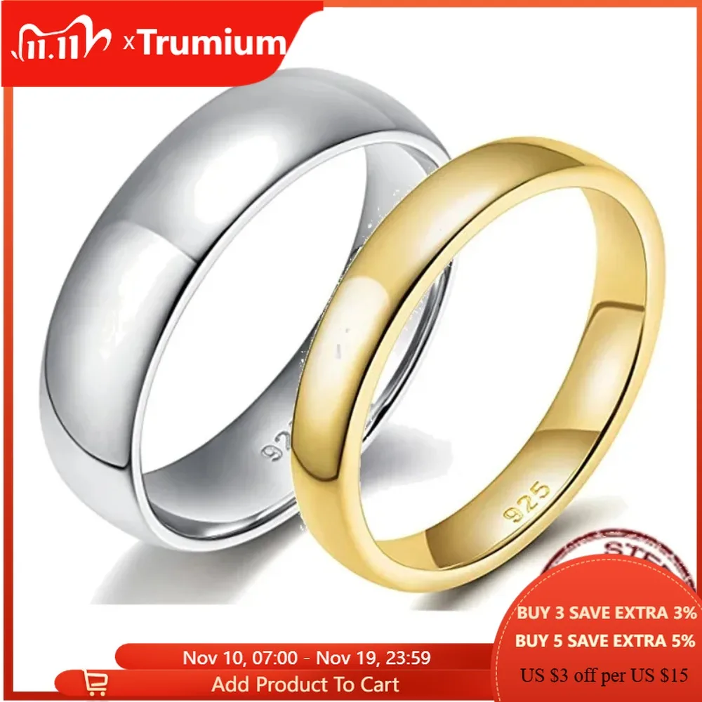 Trumium 2/ 4/6mm 925 Cincin Perak Murni Poles Tinggi Pernikahan Bentuk Kubah Polos Ukiran Nyaman