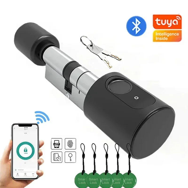 Smart Cylinders Lock Tuya 70mm Electronic Bluetooth APP Remote Biometric Fingerprint Lock Anti Theft Security Home Door Lock