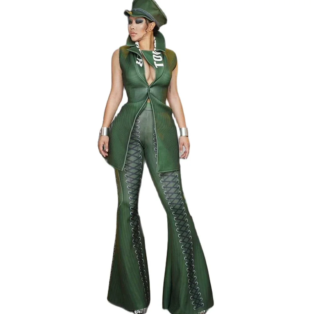 Sleeveless Letter Print Tops Green Flared Pants Military Style Two-Piece Set DJ Performance Outfits Nightclub Bar Dance Wear