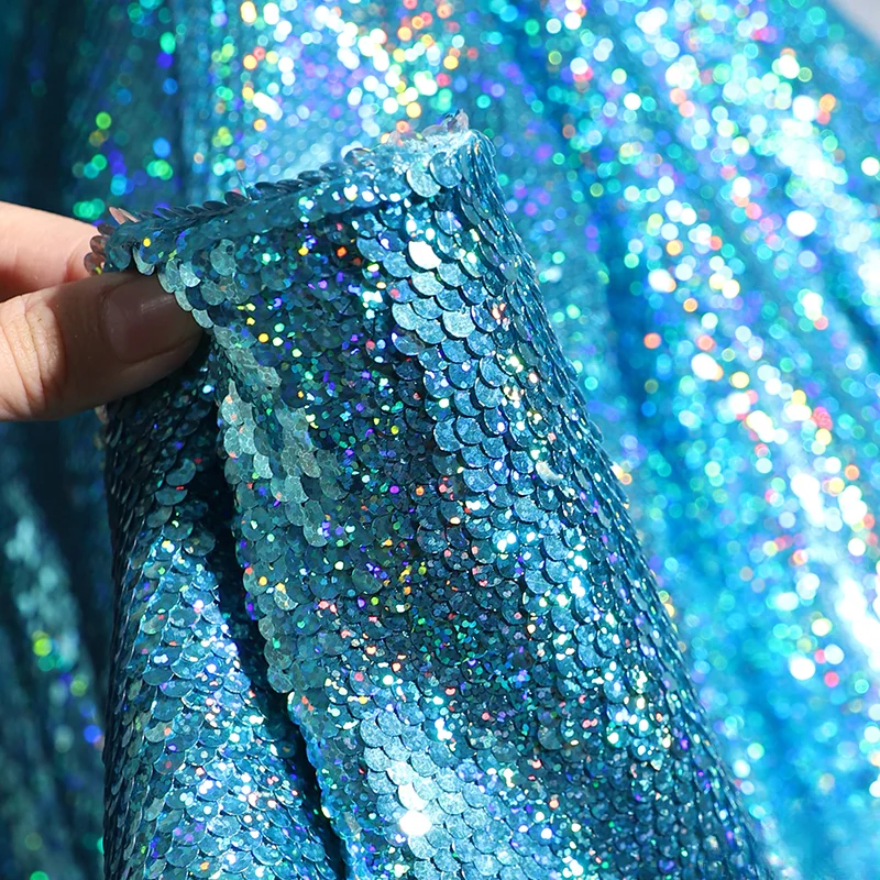 Crystal Blue Double-sided Dual Color Metallic Texture  Small Fish Scale Sequin Fabric  High-end Clothing Designer Fabric