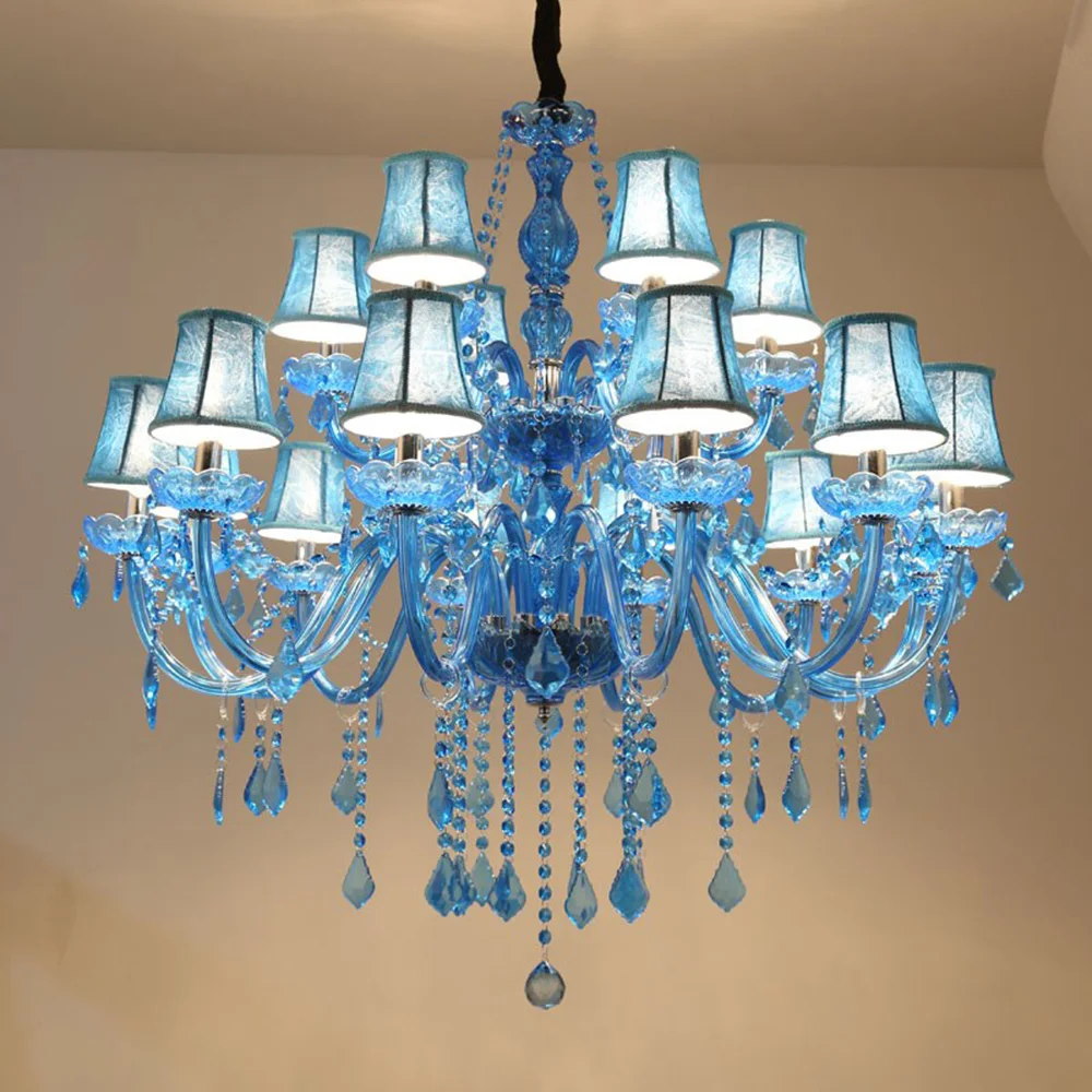 Mediterranean Blue Crystal Chandelier Romantic Velvet Shade Pendant Light Luxury Glass Beads Hanging Lamp for Bedroom Kids Room