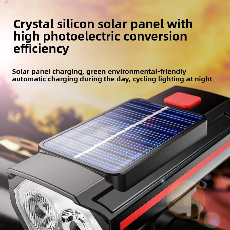 Solar Bike Light USB Rechargeable Front Headlight with Horn for Mountain Bicycle Night Riding Safety Lighting
