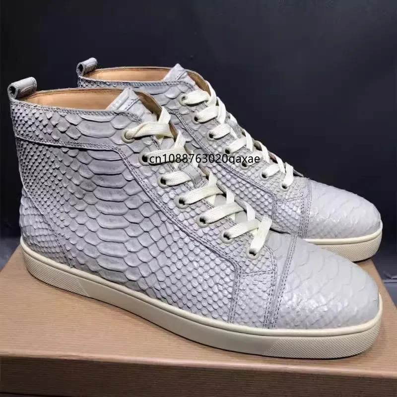 Fashionable leather men\'s high top shoes, women\'s casual board shoes, snake skin lace up couple shoes